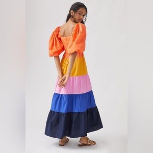 NWT - Farm Rio for Anthropologie Color block puff sleeve maxi dress Size Small